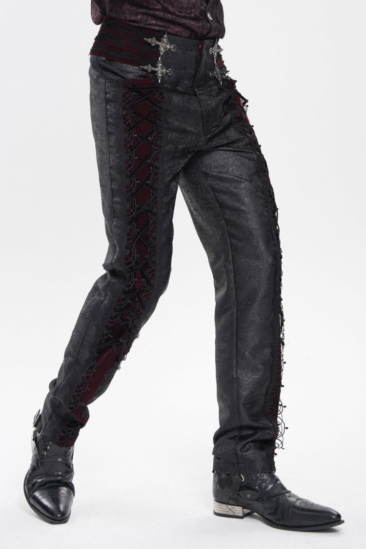 Black/Red Jacquard Spliced Lace-Up Slim Men's Gothic Velvet Palace Pants - Product - 9