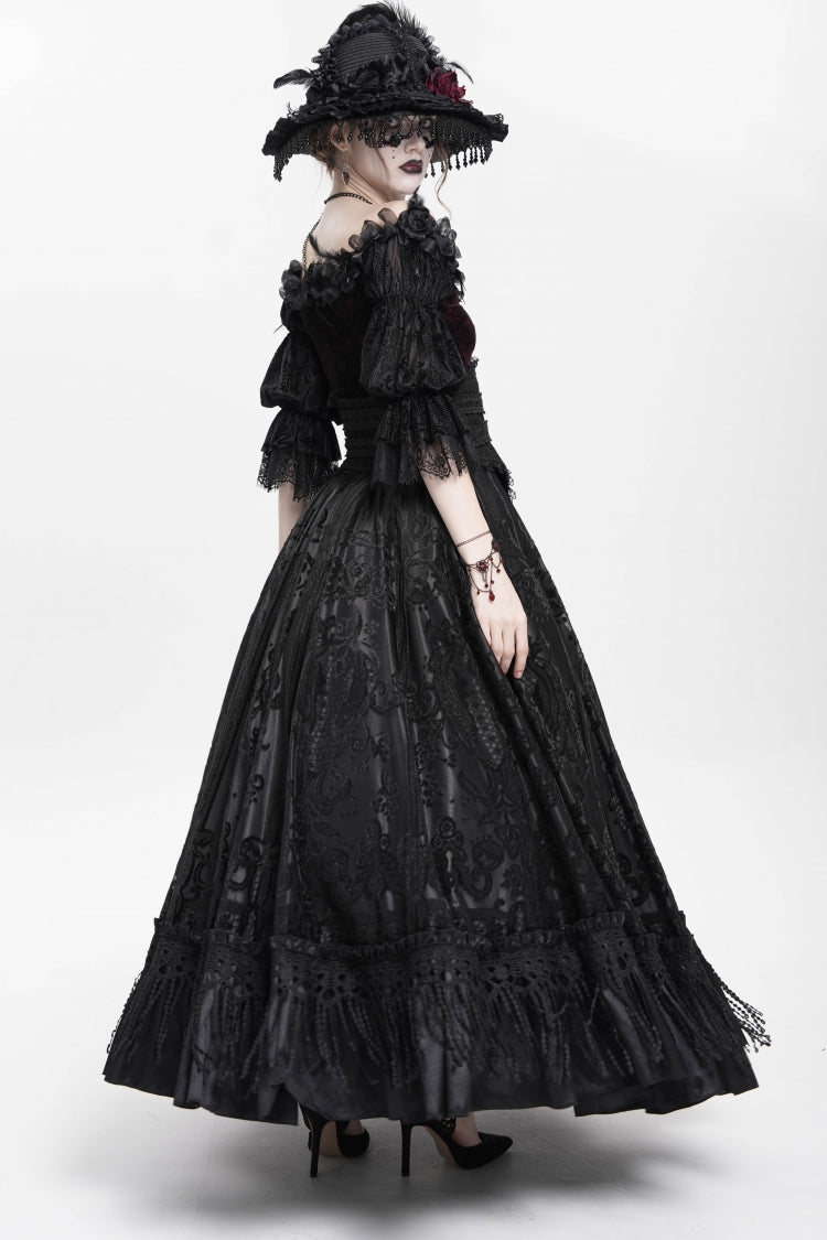 Black Jacquard Embroidery Buckle Tassels Women's Gothic Long Skirt - Product - 11