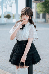 Black/White [Snow Velvet Bunny] Short Sleeves Double-Layered Ruffled Bow Lace Plus Size Japanese Sailor Collar Two-piece Set - Product - 2