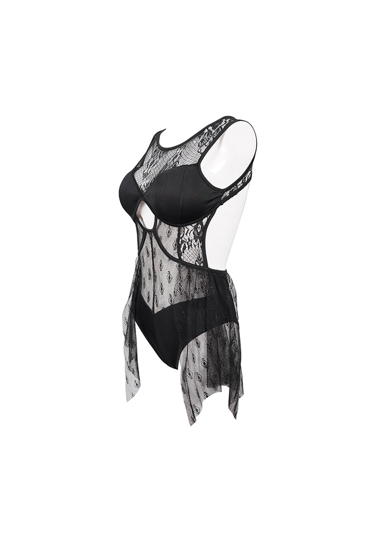 Black Lace Stitching Back Cross Strap Lace Up Women's Gothic One Piece Swimsuit - Product - 7