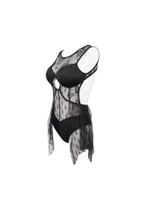 Black Lace Stitching Back Cross Strap Lace Up Women's Gothic One Piece Swimsuit - Product - 7