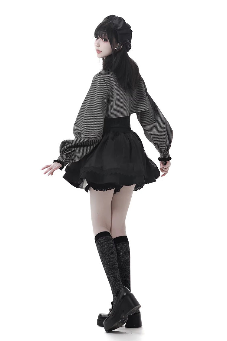 Black [Hymn of the Cross] Long Sleeves Printed Ruffled Asymmetric Chain-Decorated Gothic Jirai Kei Skirt Set - Product - 6