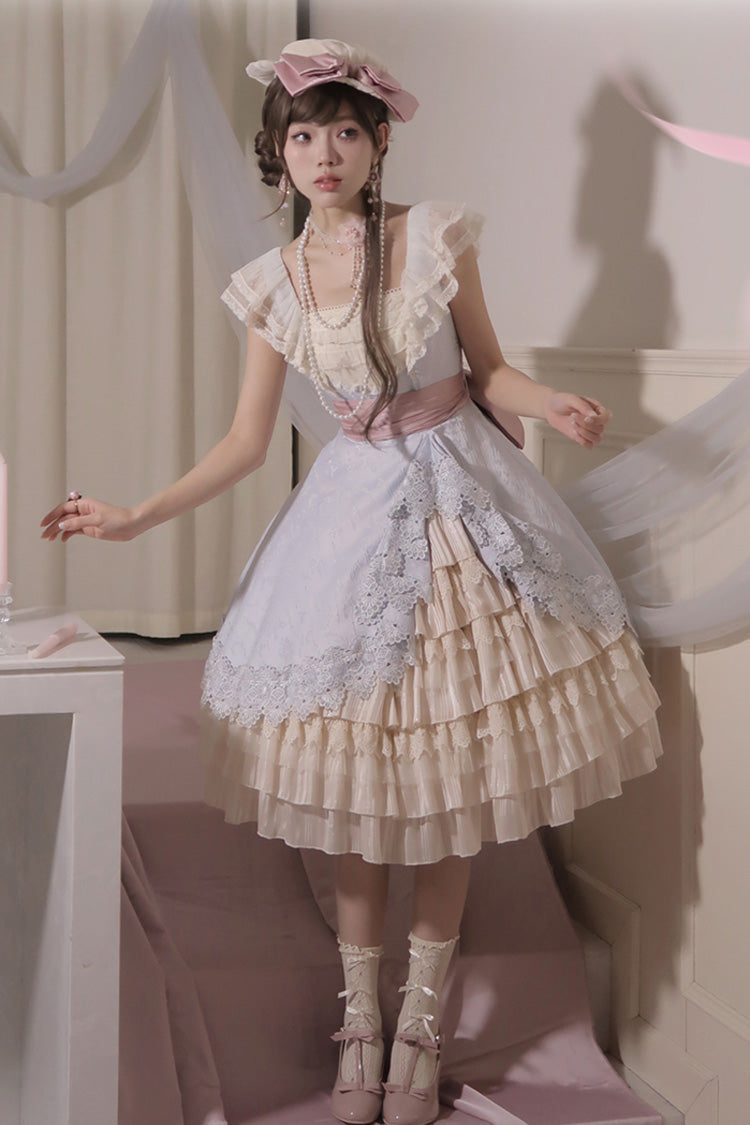 Multi-Color Cream Layers Ruffle Asymmetrical Cardigan Bowknot Sweet Lolita Jsk Dress - Product - 6