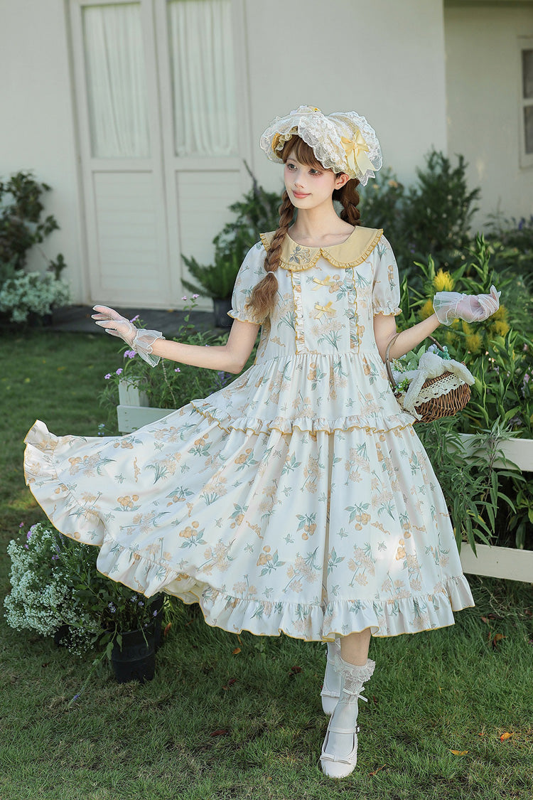[Breezy Summer Blossoms] Peter Pan Collar Short Sleeves Jacquard Printed Ruffled Embroidered Bow Sweet Lolita Dress 2 Colors (Yellow, Purple) - Product - 18