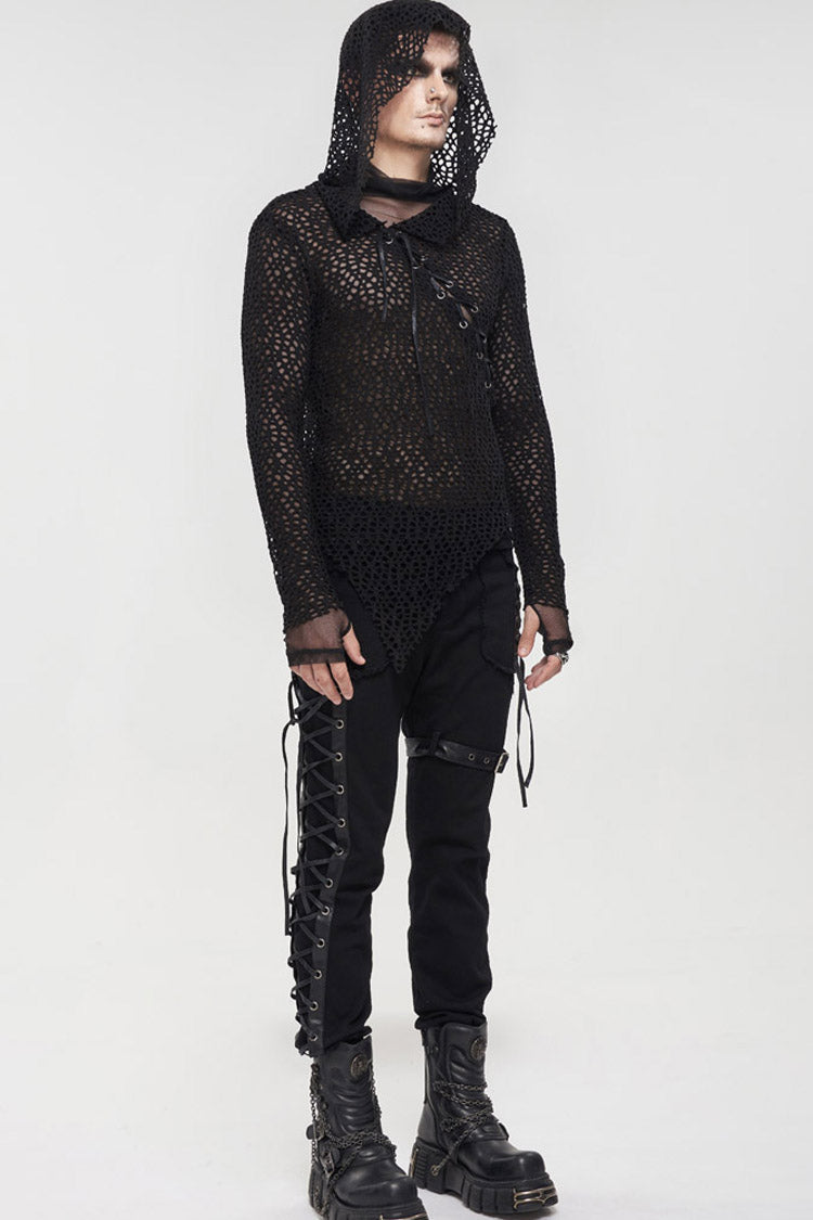 Black Punk Long Sleeve Elasticity Big Hole Mesh Drawstring Design Irregular Hooded Men's Shirt - Product - 6