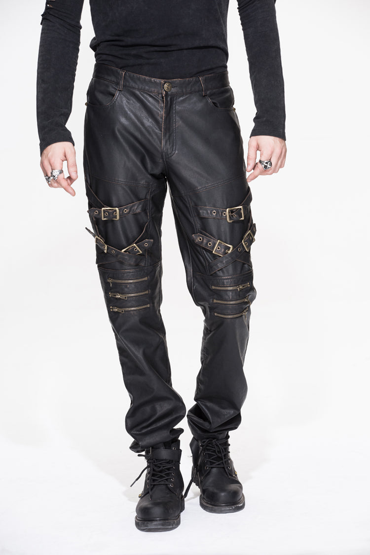 Bronze Multi Loops Zipper Metal Inlay Bandage Hand Rubbed Leather Men's Punk Pants - Bronze - 1