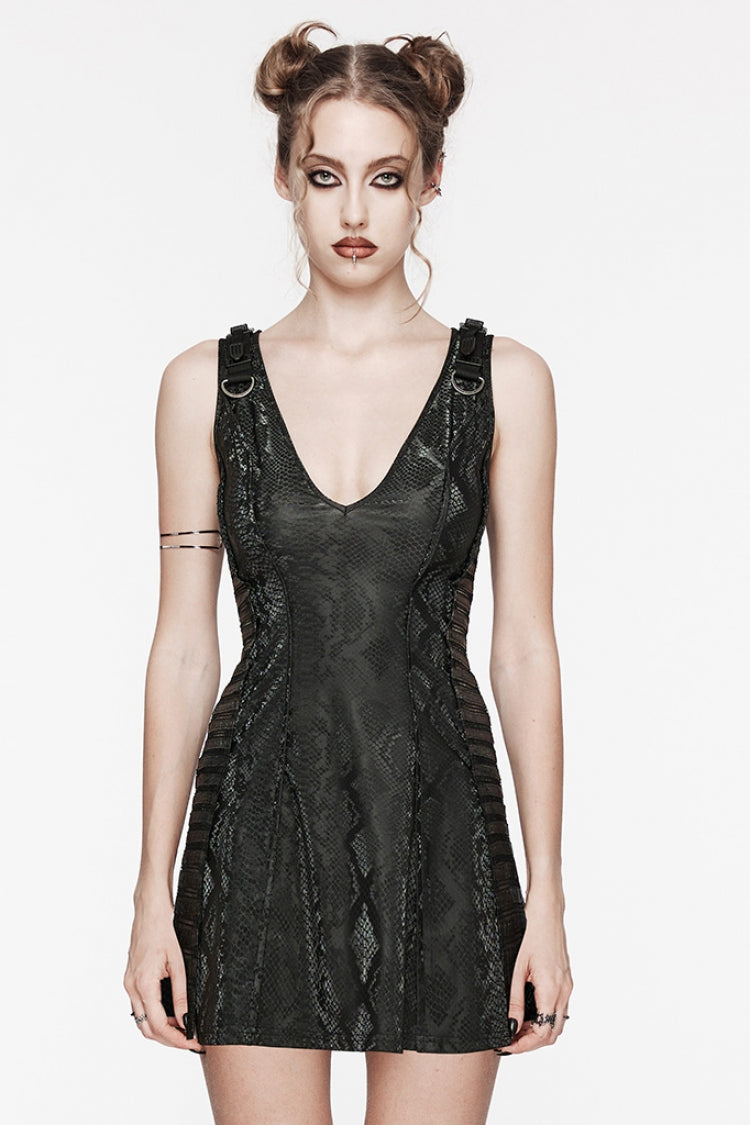 Black V Collar Sleeveless Snake Print Stitching Mesh Women's Punk Dress - Black - 1