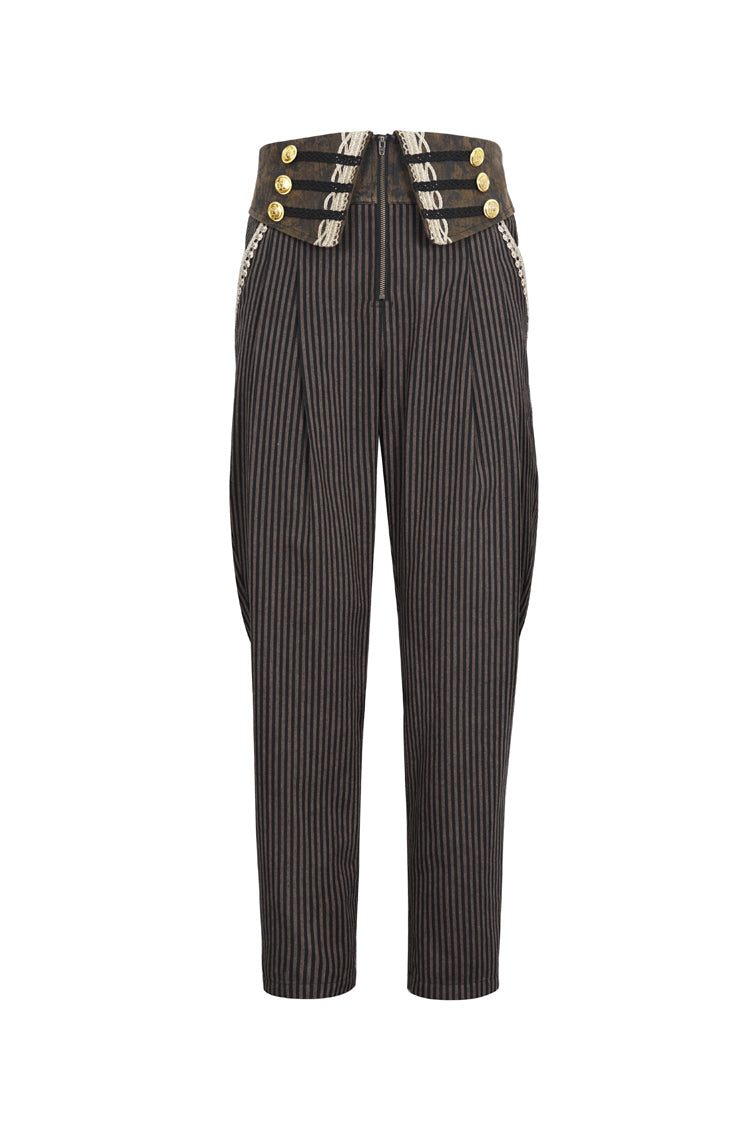 Brown High Waisted Striped  Lace-Up Men's Gothic Pants - Product - 6