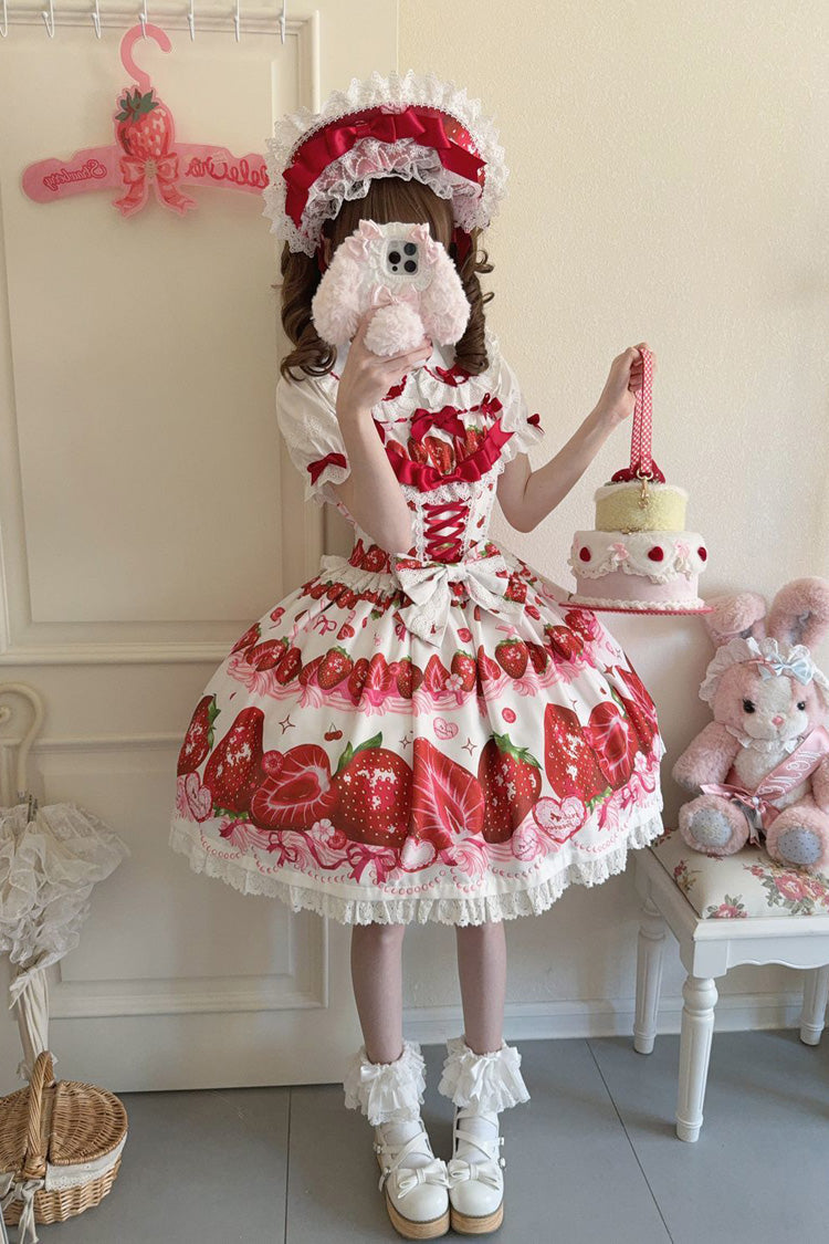 [Sweet Berry Tale] Strawberry Print Ruffle Bowknot Lace Sweet Lolita Jsk Dress 4 Colors - Product - 15
