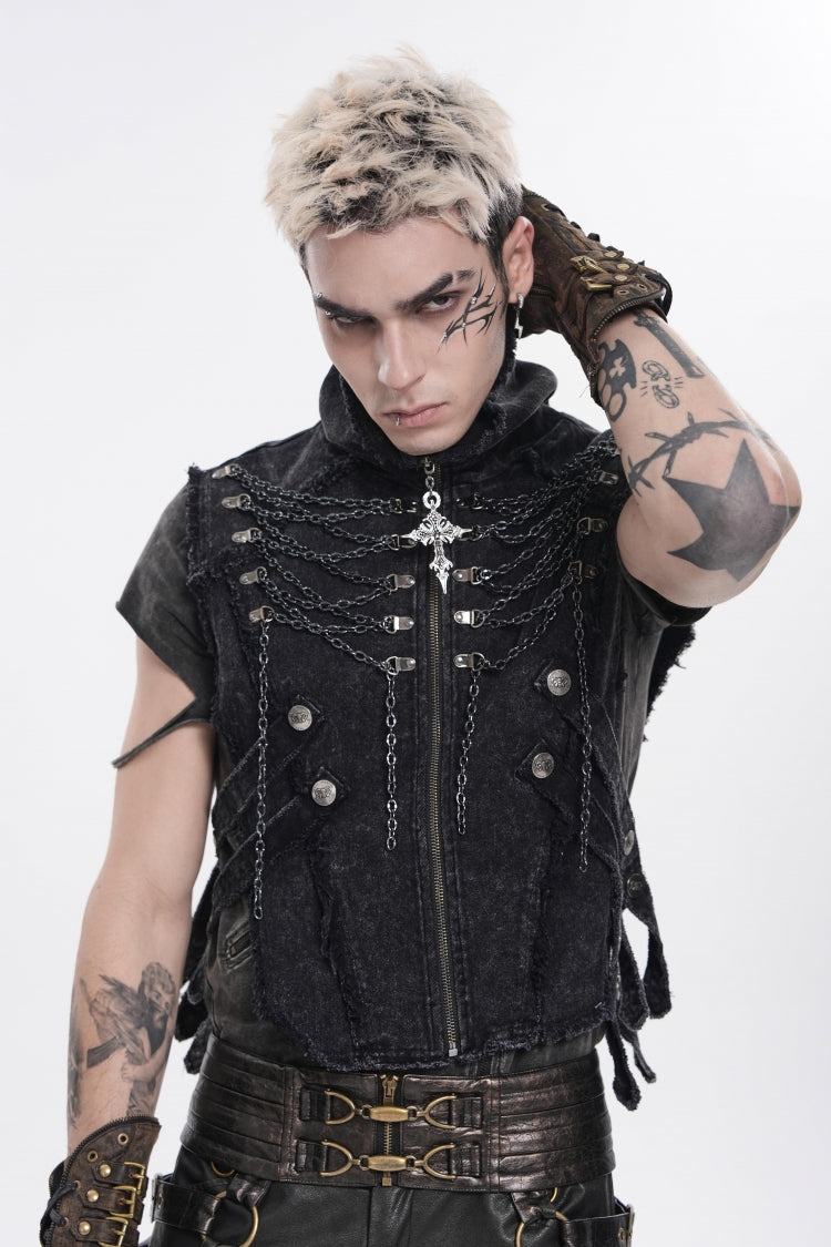 Black Stand Collar Sleeveless Zippered Chain-Decorated Men's Punk Cool Unedged Vest - Product - 8