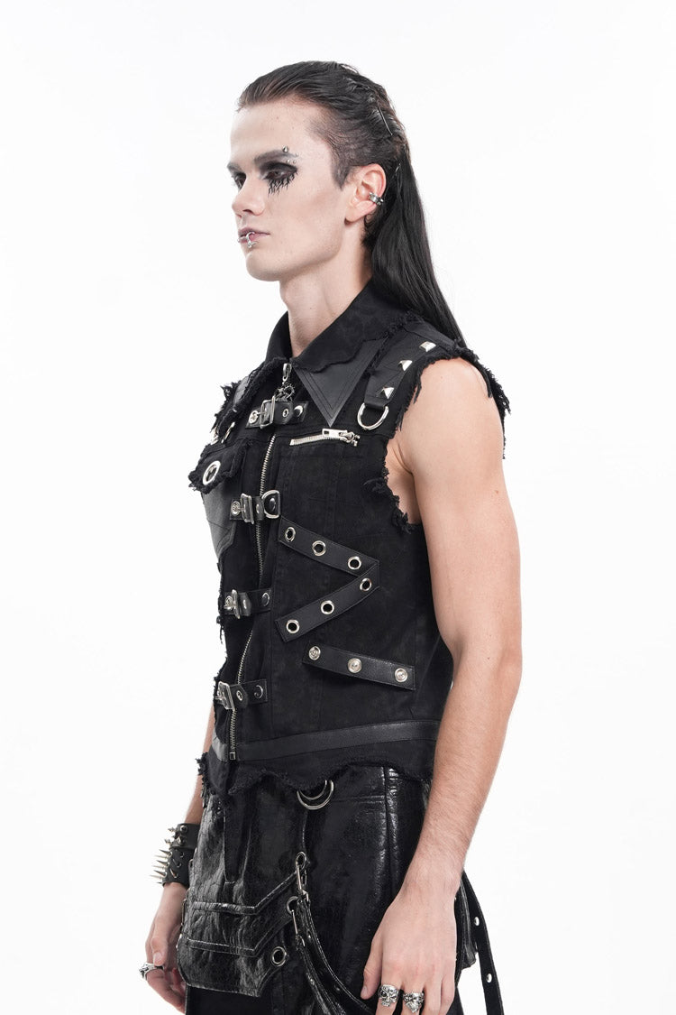 Black Lapel Collar Sleeveless Ripped Buckle Eyelets Men's Gothic Vest - Product - 2