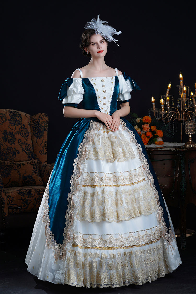 Blue/Apricot Off Shoulder Short Sleeves Ruffle Cardigan Bowknot Lace Classic Princess Palace Lolita Victorian Dress - Blue/Apricot - 1