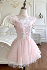 Pink [Floral Letter] Square Collar Ruffled Lace Lace-Up Sweet Princess Ballet Lolita Dress - Pink - 1