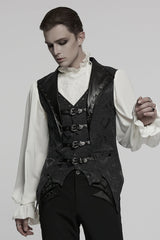 Black Lapel V-neck Sleeveless Jacquard Buckle Men's Gothic Vest - Product - 2