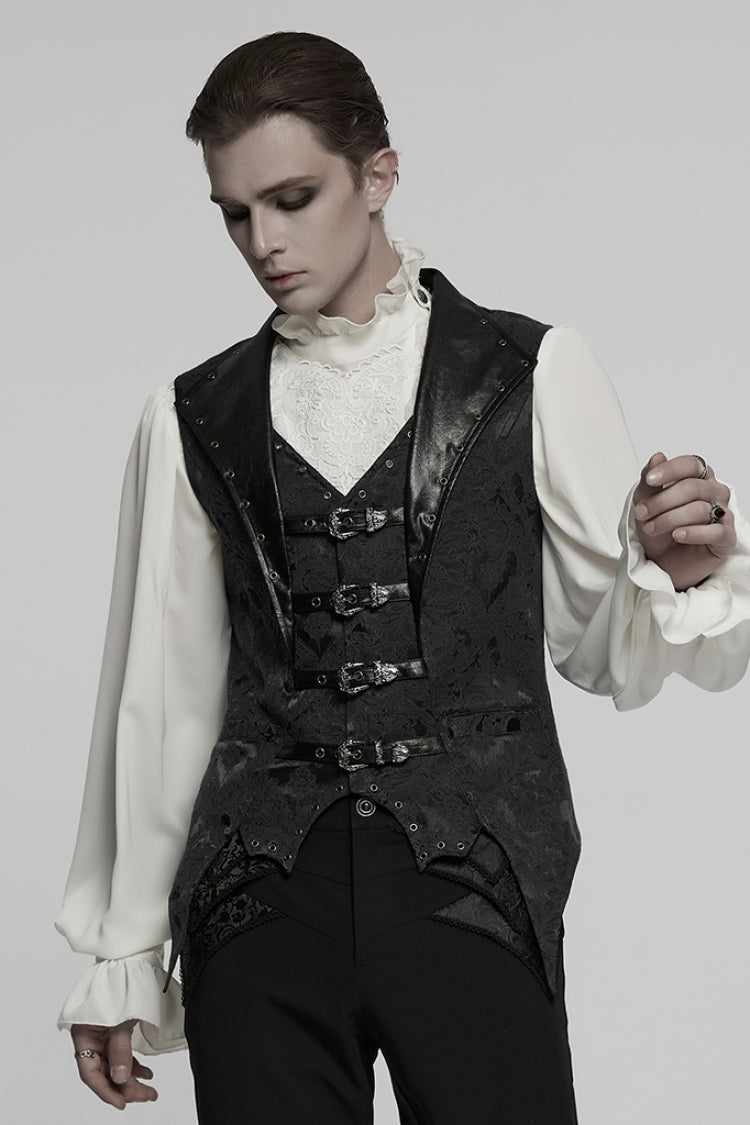Black Lapel V-neck Sleeveless Jacquard Buckle Men's Gothic Vest - Product - 2