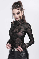 Black Stand Collar Sheer Studded Women's Punk Blouse - Product - 2