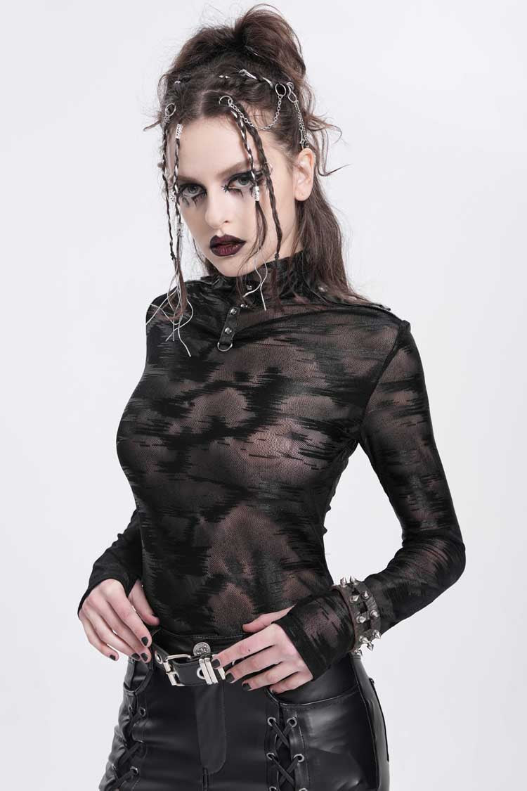Black Stand Collar Sheer Studded Women's Punk Blouse - Product - 2