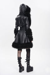 Black Long Sleeves Plush Stitching Buckle Hooded Straps Women's Punk Coat - Product - 5