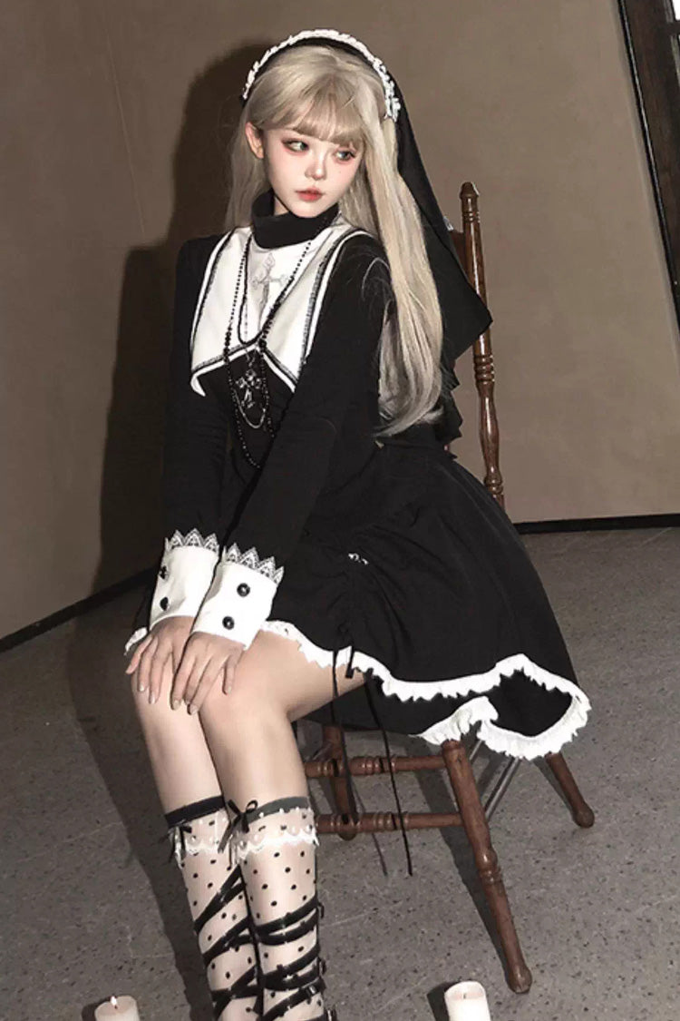 Black/White [Peace Prayer] Long Sleeves Ruffle Bowknot Asymmetric Gothic Lolita Skirt Set - Product - 5