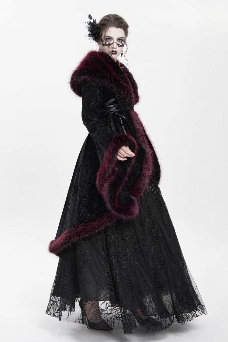 Red Long Sleeves Floral Embroidery Women's Gothic Fluffy Coat - Product - 8