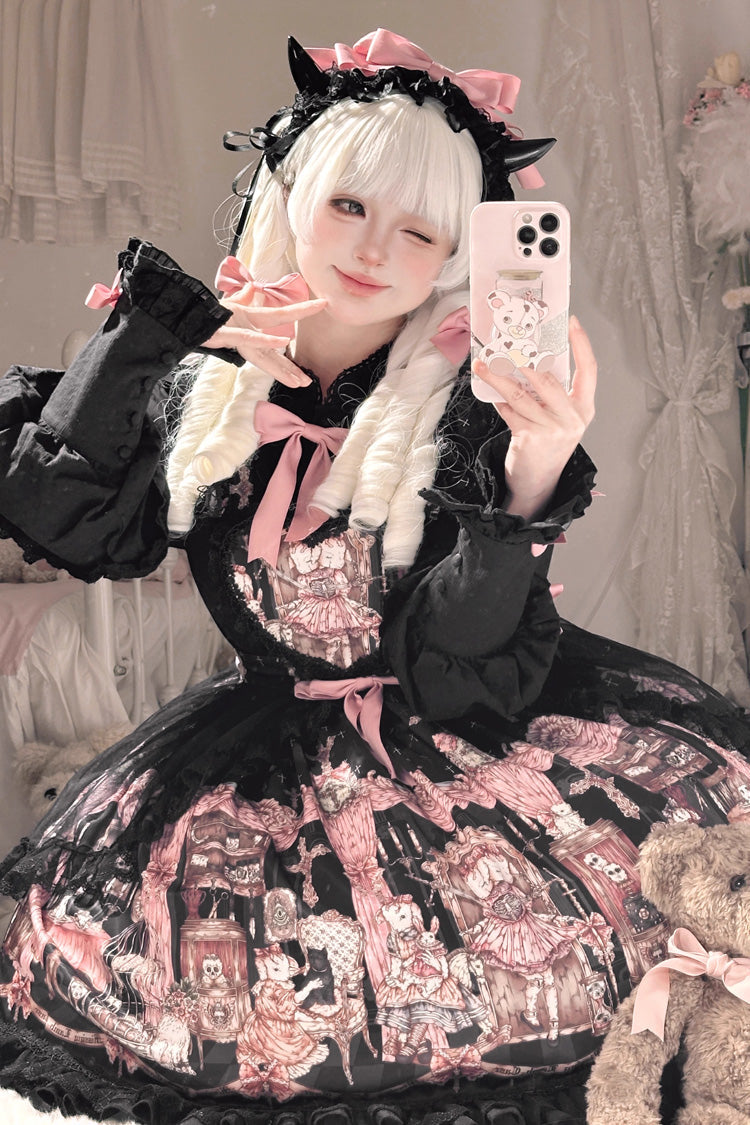 Black [The Case of the Missing Lamb] Print Ruffle Bowknot Lace Gothic Lolita SK Skirt - Product - 5