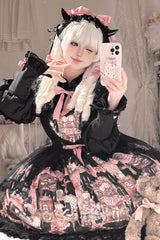 Black [The Case of the Missing Lamb] Print Ruffle Bowknot Lace Gothic Lolita SK Skirt - Product - 5