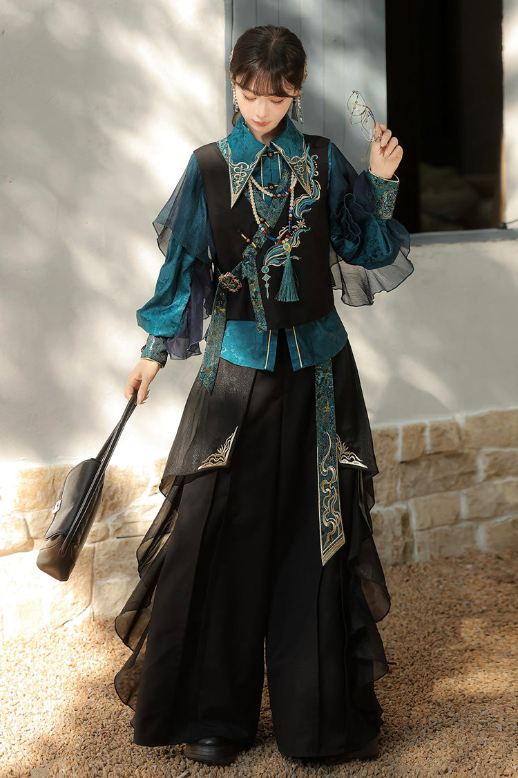 Black/Green Round Collar Long Sleeves Ruffle Embroidery Chinese Style Vintage Handsome Ouji Lolita Set - Product - 12