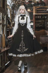 Black/White [Violin Variations] Ruffled Embroidered Gothic Lolita Jumper Dress Set - Product - 10
