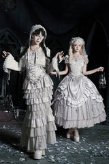 Solid Color [Bionic Doll] Square Collar Multi-Layered Ruffle Bowknot Lace-Up Gothic Lolita Long Skirt Corset Set - Product - 19
