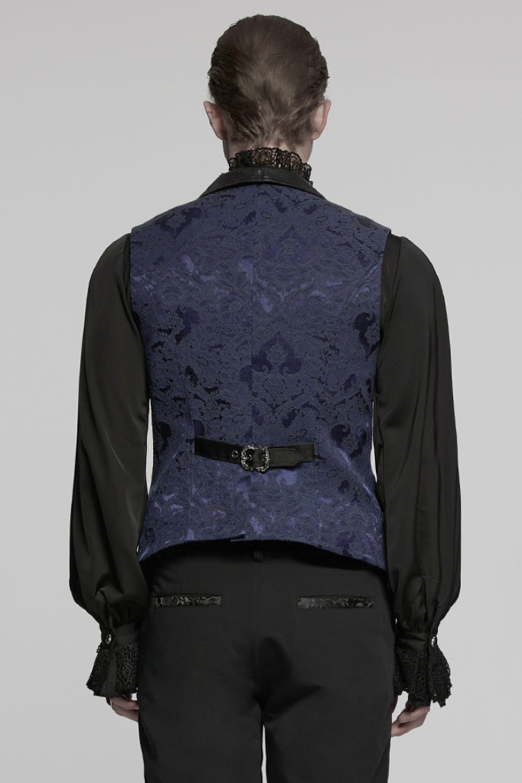 Black/Blue Lapel V-neck Sleeveless Jacquard Buckle Men's Gothic Vest - Product - 3