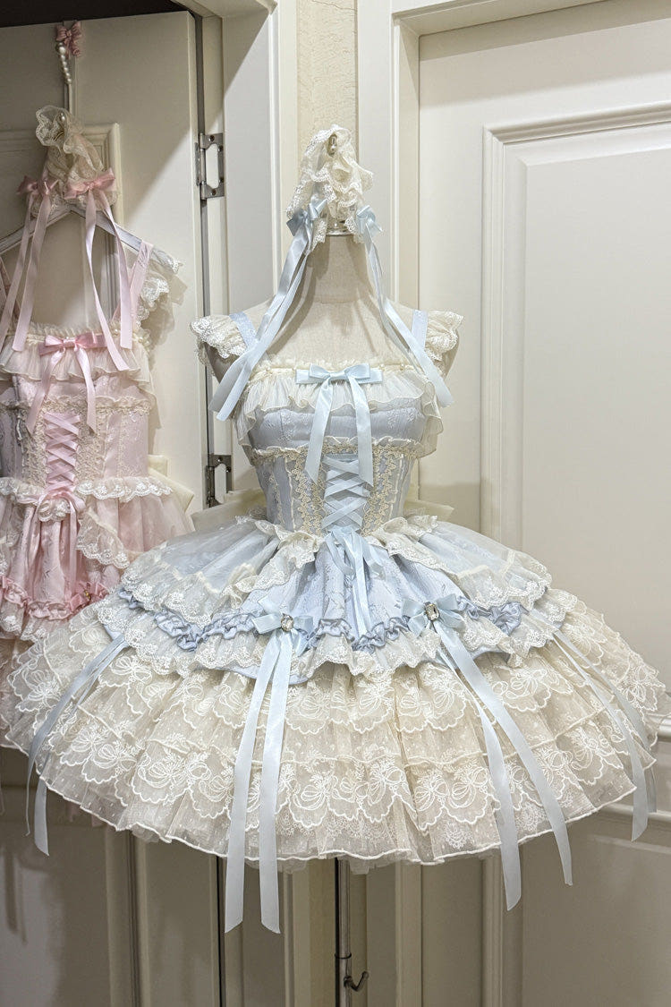Blue [Ribbon Heart Love] Sleeveless Multi-Layered Ruffle Bowknot Lace Lace-Up Sweet Princess Ballet Lolita Jsk Dress - Blue - 1