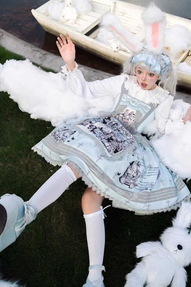 Light Blue Doll Theater Print Ruffle Lace Sweet Lolita Jsk Dress - Product - 3