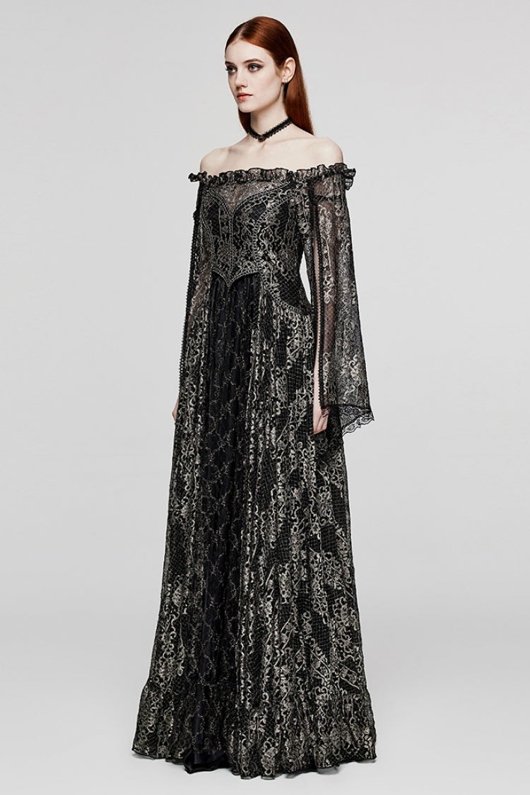 Black/Gold Boat Neck Off Shoulder Print Hollow Stitching Mesh Women's Gothic Dress - Product - 2