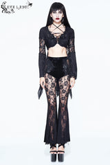 Black Side Bead Chain Flowers Splice Rose Pattern Lace Embossed Women's Gothic Knitted Flare Trousers - Product - 6