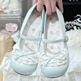 Blue Bow Lace Mid-Heel Round-Toe Sweet Lolita Mary Jane Shoes - Blue - 1
