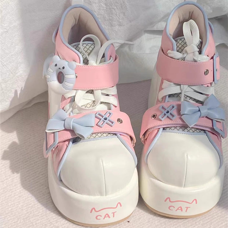 Sweet Bear Paw Print Bowknot Lolita Ankle Boots 2 Colors - White/Pink - 1