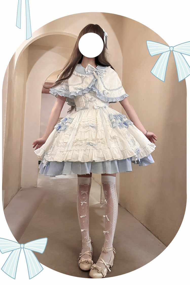 White/Blue [Window Dolls] Multi-Layered Ruffle Love Bowknot Sweet Princess Lolita Jsk Dress with Cape - Product - 6