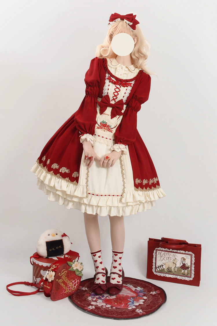 レッド栃木ガール二層フリル刺繍カーディガンスウィートロリータワンピースフルセット 商品画像