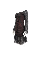 Red Elastic Texture One-Shoulder Hem Splicing Lace Bell Sleeve Women's Gothic Dress - Product - 8