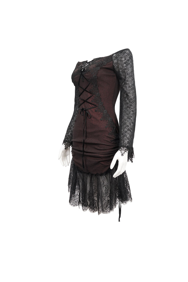Red Elastic Texture One-Shoulder Hem Splicing Lace Bell Sleeve Women's Gothic Dress - Product - 8