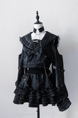 Black [Serpent Devour] Navy Collar Long Sleeves Snake Printed Ruffled Bow Studded Gothic Jirai Kei Skirt Set - Product - 3