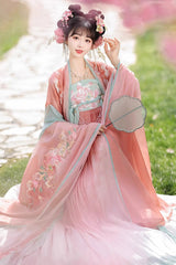 Pink Long Sleeves Print Embroidery Sweet Hanfu Full Set - Product - 2