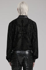 Black Floral Print Faux Leather Stitching Skull Button Decorated Mens Gothic Blouse - Product - 3