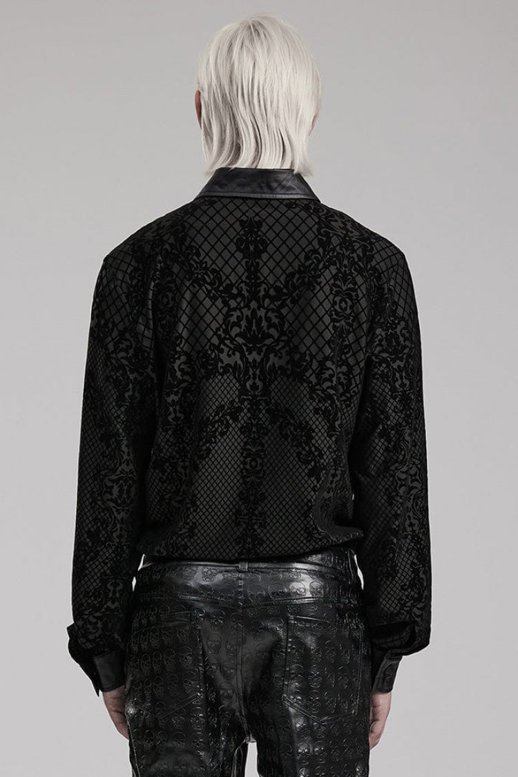 Black Floral Print Faux Leather Stitching Skull Button Decorated Mens Gothic Blouse - Product - 3