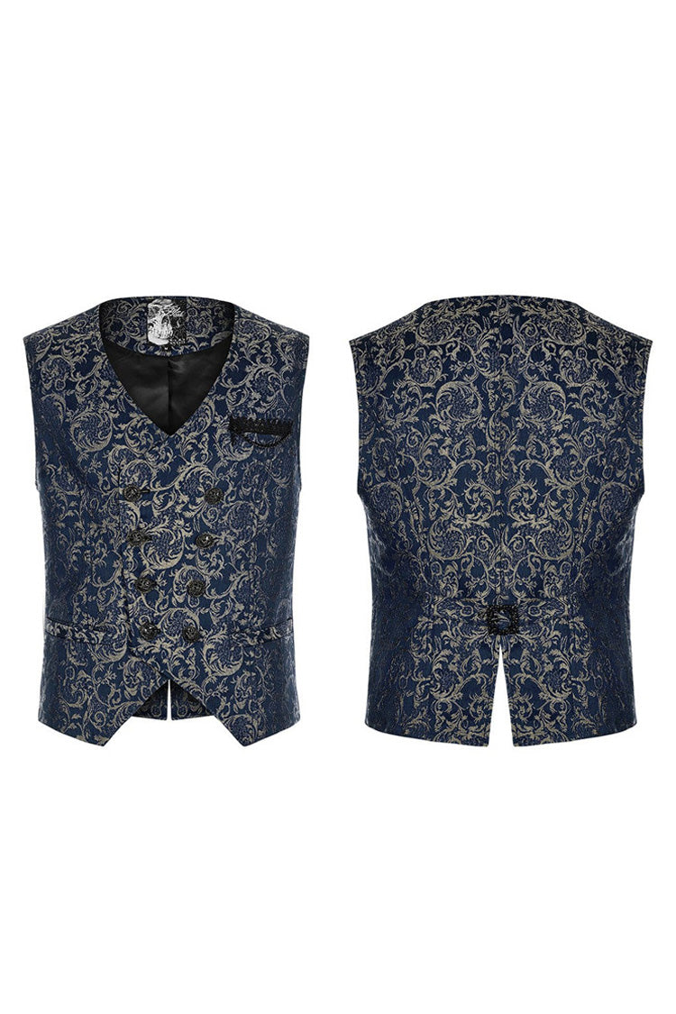 Blue Punk Gorgeous V Neck Asymmetrical Relief Sculpture Jacquard Double Row Hand Seam Button Men's Vest - Product - 5