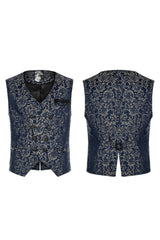 Blue Punk Gorgeous V Neck Asymmetrical Relief Sculpture Jacquard Double Row Hand Seam Button Men's Vest - Product - 5
