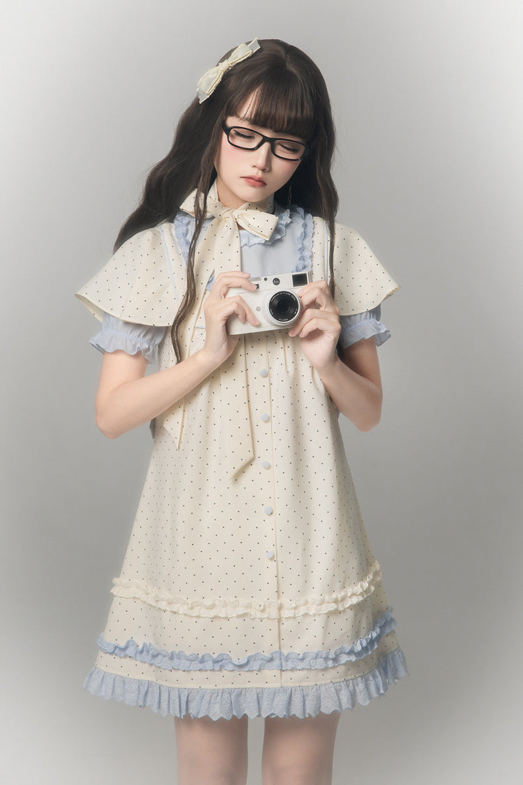 Aqua [Polka Dot Bouclé] Round Collar Long Sleeves Printed Ruffled Faux Two-Piece Sweet Japanese Lolita Dress - Aqua - 1