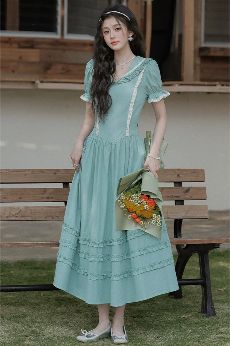 Lake Blue V Collar Short Puff Sleeves Ruffled Lace Sweet College Style Lolita Dress - Product - 4