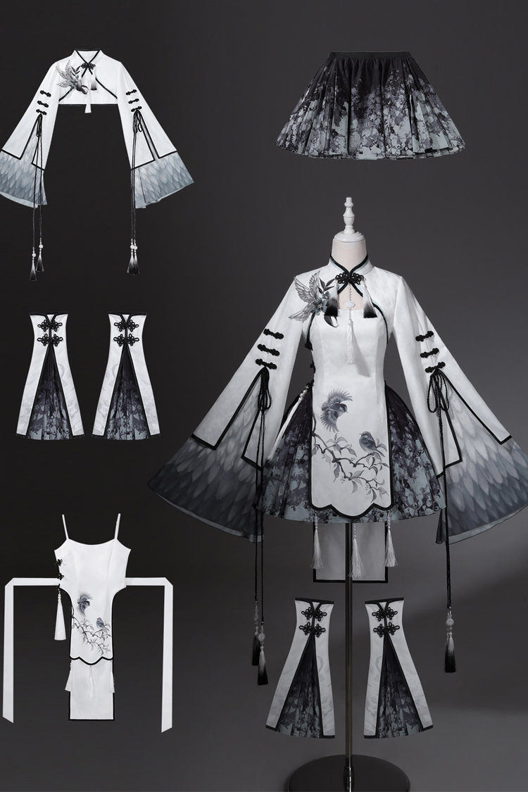 Black/White [Magpie Feather] Stand Collar Shorty High Waisted Printed Embroidered Women's Classic Hanfu Dress Set - Product - 4