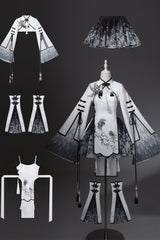 Black/White [Magpie Feather] Stand Collar Shorty High Waisted Printed Embroidered Women's Classic Hanfu Dress Set - Product - 4